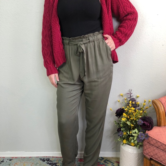 Nick Paperbag Olive Tie Waist Belted Cuffed Pants - Picture 2 of 8